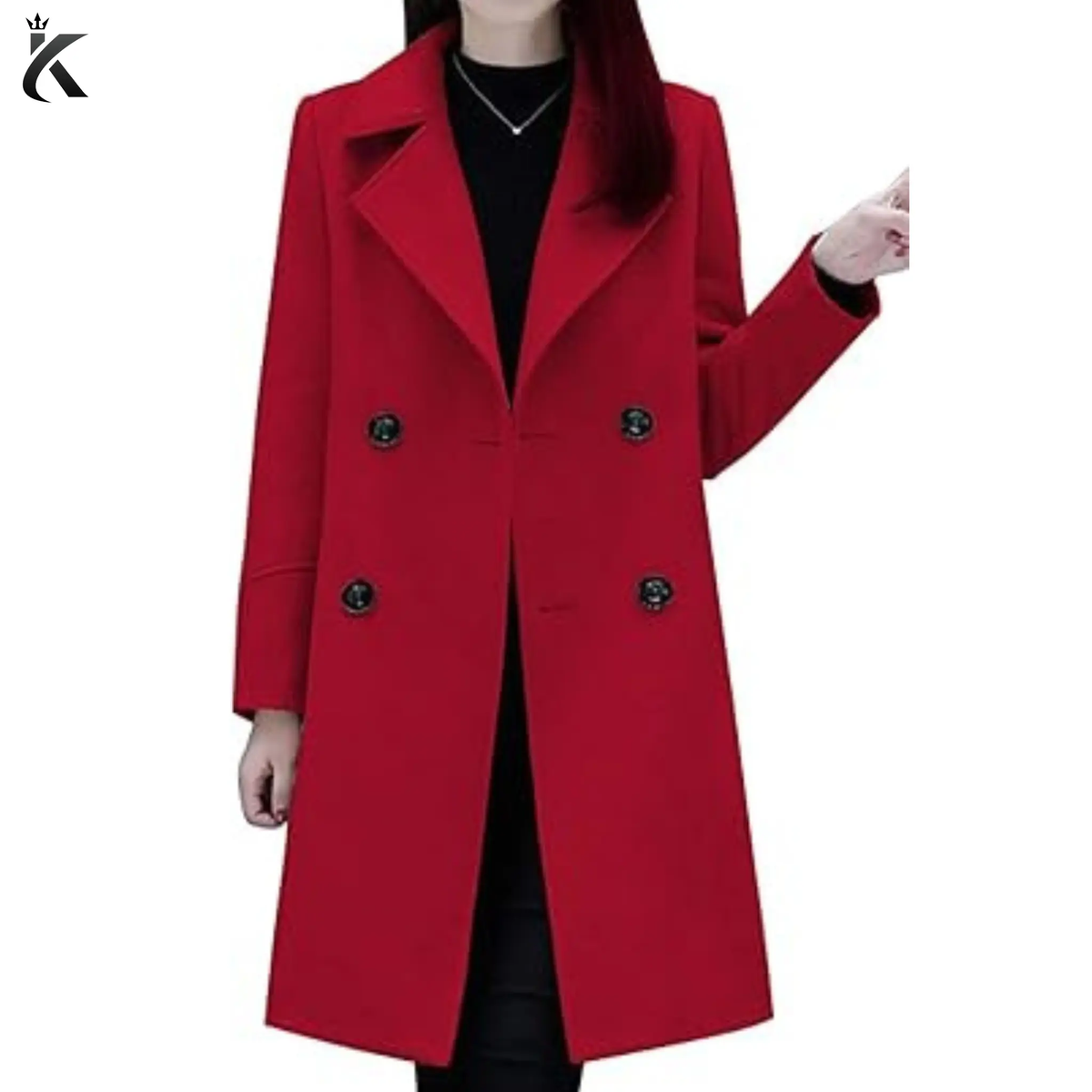 Front view of women’s wool blend pea coat featuring a double-breasted button closure, classic lapel collar, and elegant mid-long winter silhouette.
