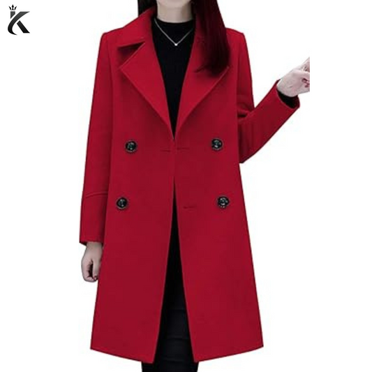 Front view of women’s wool blend pea coat featuring a double-breasted button closure, classic lapel collar, and elegant mid-long winter silhouette.