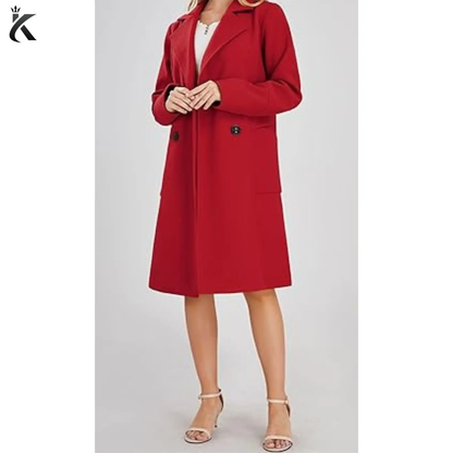Model wearing of wool blend pea coat showing the tailored shoulders, clean structured design, and elegant mid-long winter overcoat silhouette.