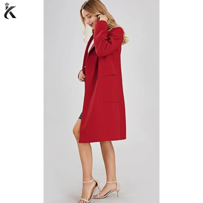 Side view of women’s double-breasted wool blend pea coat showing the structured fit, long sleeves, and classic mid-long trench coat silhouette.