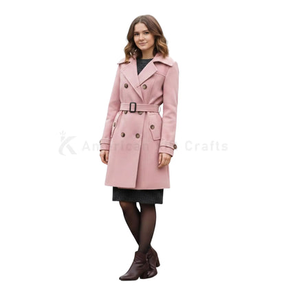 Women's wool blend trench coat front view featuring double-breasted button closure, adjustable waist belt, notched lapel collar and elegant winter styling.