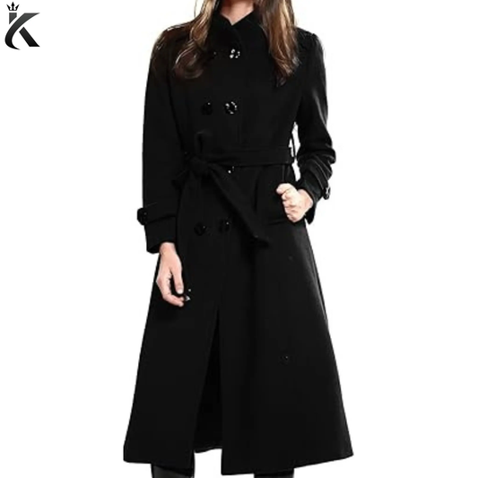 Women’s wool trench coat front view featuring a Single-breasted button closure, notch lapel collar, belted waist, and elegant long winter silhouette.