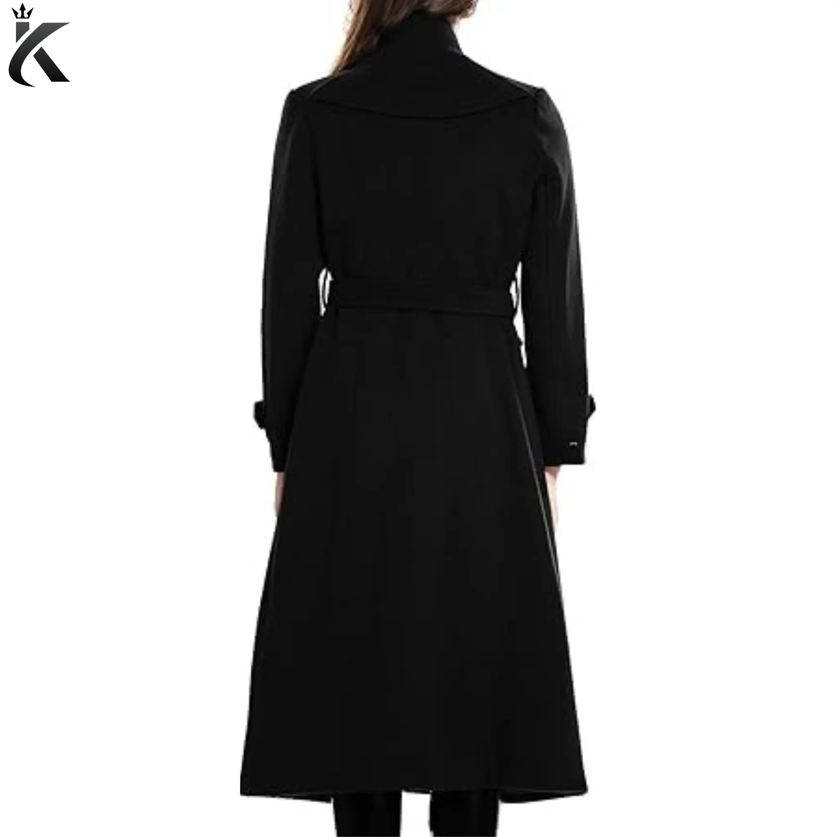 Back view of women’s long wool trench coat showing the tailored silhouette, structured shoulders, belted waist, and elegant winter overcoat design.