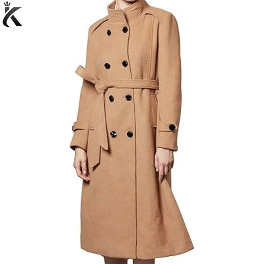 Women’s wool trench coat front view featuring a double-breasted button closure, classic lapel collar, belted design, and long tailored silhouette.