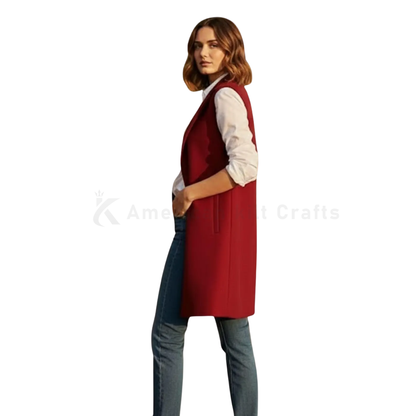 Side view of women’s wool blend sleeveless vest showing the longline cut, soft fabric texture, and easy layering style.