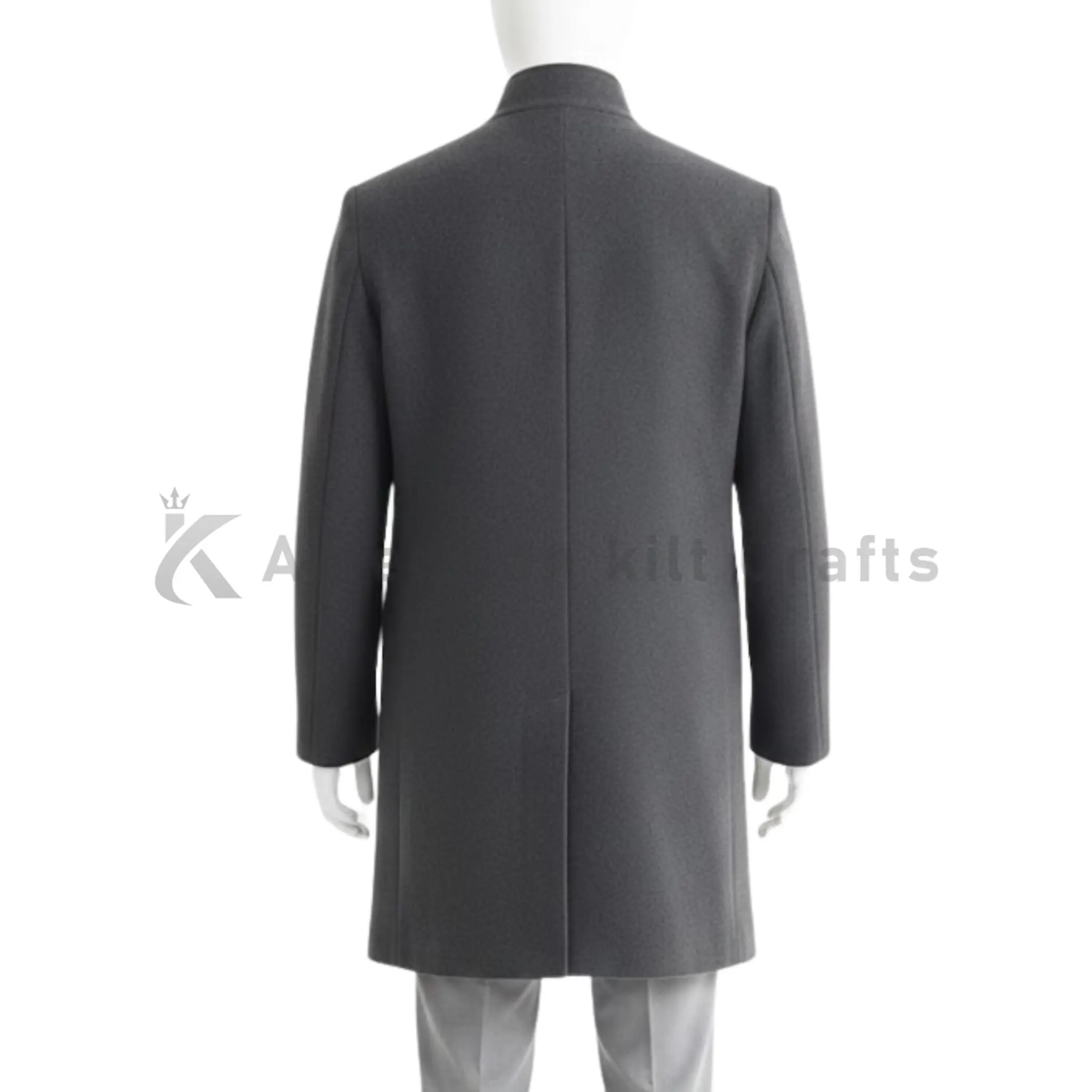 Back View of Men’s Grey Wool High Collar Overcoat – Elegant Long Winter Coat