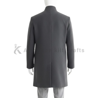 Back View of Men’s Grey Wool High Collar Overcoat – Elegant Long Winter Coat