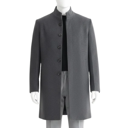 “Front View Of Men’s grey wool high collar overcoat for winter, Dark Academia style long wool coat for men, elegant tailored fit, warm double-layered wool jacket, classic formal and casual winter outerwear, vintage-inspired military greatcoat design, perfect for business, events, or everyday wear”