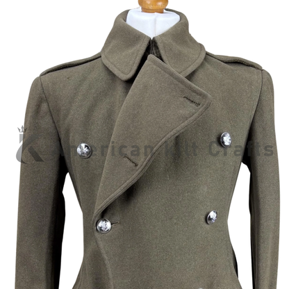 Close-up of WWII vintage army officer wool greatcoat highlighting the double-breasted button detailing, wool fabric texture, stitching, and military-inspired craftsmanship.