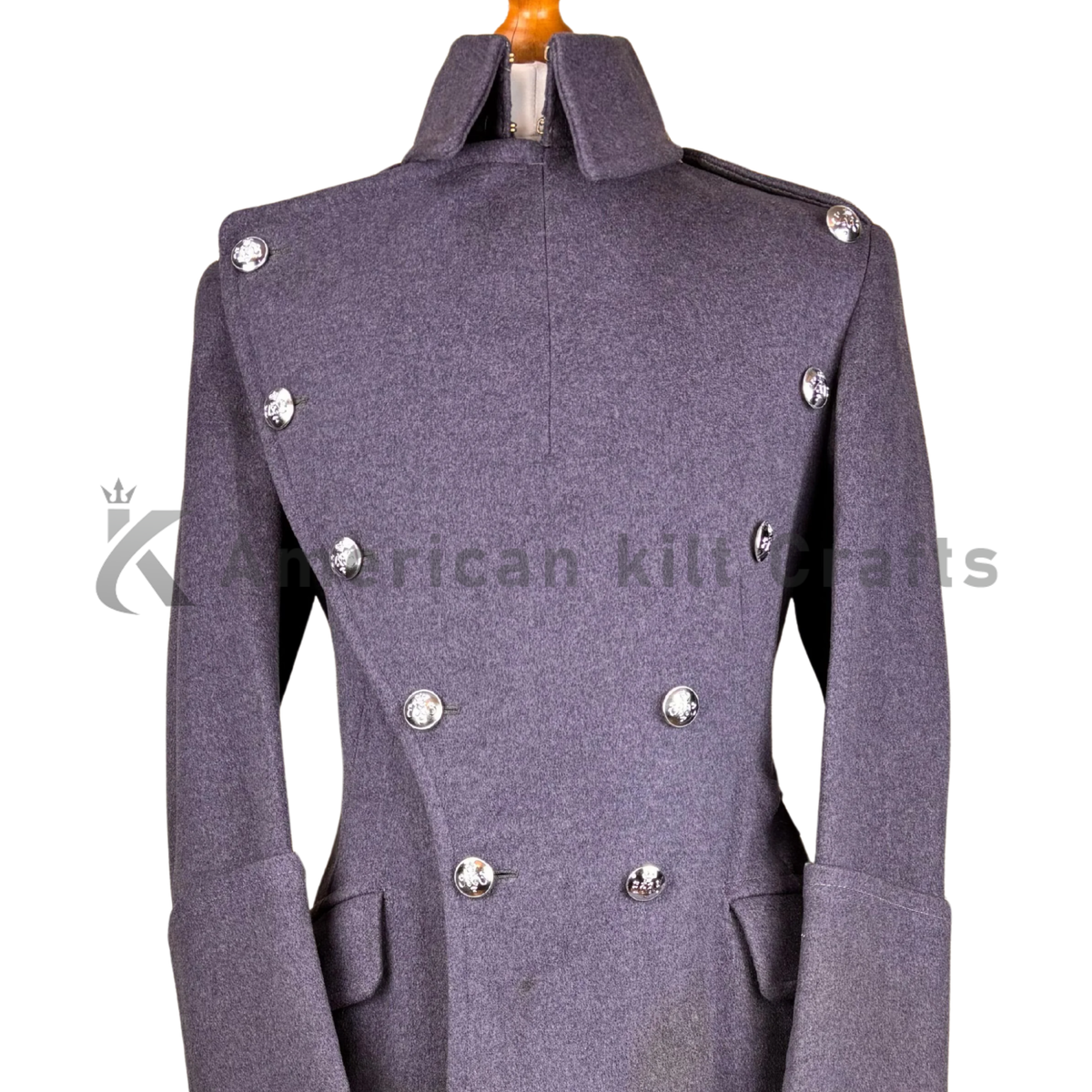 Close-up view of men's WWII German Luftwaffe grey wool military greatcoat highlighting the wool fabric texture, stitching, and historical military-inspired tailoring details.