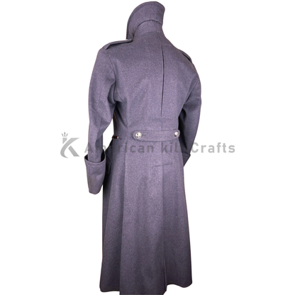 Back view of men's WWII German Luftwaffe grey wool greatcoat showing its long military-style silhouette and historical uniform-inspired tailoring.