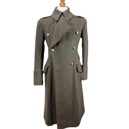 Men's WWII vintage army officer wool greatcoat front view featuring double-breasted button closure, classic military collar, and long historical overcoat design.