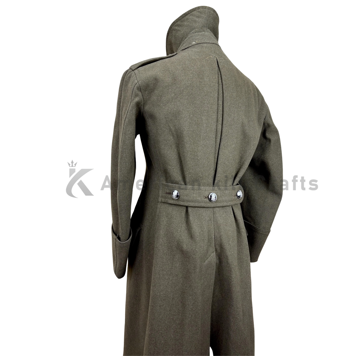 Back view of men's WWII vintage army officer wool greatcoat showcasing its long military-inspired silhouette and structured historical overcoat tailoring.